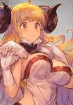  1girl ahoge anila_(granblue_fantasy) bangs blonde_hair blush breasts cape cleavage draph dress elbow_gloves fur-trimmed_cape fur_trim gloves granblue_fantasy horns hungry_clicker large_breasts long_hair sheep_horns short_eyebrows solo thick_eyebrows very_long_hair white_cape white_dress white_gloves yellow_eyes 