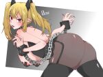  1girl artist_name ass bangs bare_shoulders black_headwear black_nails black_pantyhose blonde_hair breasts chain chikiboneya cross-shaped_pupils cube danielle_(waifu_fighter) highres huge_breasts jewelry looking_at_viewer necklace pantyhose paw_pose red_eyes symbol-shaped_pupils teeth thighs twintails vampire waifu_fighter 