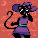 1:1 anthro black_body black_fur clothed clothing digital_media_(artwork) domestic_cat felid feline felis female fur gesture gunk la_creatura magic_user mammal secondary_color_palette_holy_shit shaded simple_background smile solo tail thumbs_up tongue tongue_out witch witch_costume 