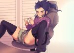  1boy androgynous black_thighhighs blorp blue_hair bulge butt_plug controller covered_testicles dark_blue_hair dildo_under_clothes game_controller gamepad green_shorts grin highres holding holding_controller inazuma_eleven_(series) inazuma_eleven_go long_sleeves looking_to_the_side male_focus medium_hair no_panties orange_eyes sex_toy shorts slit_pupils smile swivel_chair thighhighs tsurugi_kyousuke 