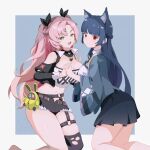  2girls :d absurdres animal_ear_fluff animal_ears bangboo_(zenless_zone_zero) bangs bare_shoulders black_ribbon black_shorts black_skirt black_thighhighs blue_background blue_hair blue_jacket blunt_bangs border braid breasts cleavage clothing_cutout commentary_request cutoffs french_braid green_eyes grey_border hair_ornament hair_ribbon hairclip highres hoshimi_miyabi jacket kneeling kuangkuangti large_breasts long_hair long_sleeves looking_at_viewer midriff miniskirt multiple_girls navel nicole_demara open_mouth outside_border pink_hair pleated_skirt red_eyes ribbon short_shorts shorts shoulder_cutout simple_background single_thighhigh skindentation skirt smile stomach strapless thighhighs thighs tube_top two_side_up very_long_hair zenless_zone_zero 