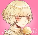  1girl apron bangs baskin-robbins blonde_hair blush closed_eyes colored_eyelashes food holding_ice_cream ice_cream jewelry necklace personification pink_background pipipiosuke short_hair smile solo sweater turtleneck turtleneck_sweater vanilla 