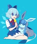  1girl 1other absurdres blue_bow blue_dress blue_eyes blue_hair blurry blurry_background blush bow cirno crossover dress fairy food hair_bow highres holding holding_food ice ice_wings kneeling open_mouth pokemon popsicle shocho_(shaojiujiu) short_hair touhou wings 