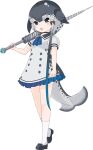 1girl blue_eyes cetacean_tail dolphin_girl dress fish_tail grey_hair kemono_friends kemono_friends_3 long_hair looking_at_viewer narwhal_(kemono_friends) official_art open_mouth polearm ribbon sailor_collar sailor_dress shoes socks solo spear tail transparent_background weapon 