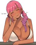  1girl blush bra breasts cleavage closed_eyes commentary dark-skinned_female dark_skin earrings english_text jewelry large_breasts long_hair looking_at_viewer ohasi original pink_(ohasi) pink_hair simple_background solo symbol-only_commentary underwear white_background 