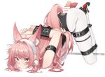  1girl animal_ears arknights armbinder arms_behind_back bdsm black_leotard bondage bound disembodied_penis high_heels highres imminent_penetration leotard long_hair pantyhose penis penis_on_ass pink_eyes pink_hair pink_nails pozyomka_(arknights) qianshibu spreader_bar sweat tail top-down_bottom-up white_background white_pantyhose wolf_ears wolf_tail 