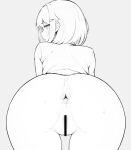  1girl anus ass ass_focus bar_censor bent_over bottomless censored grey_background greyscale hair_ornament hairclip highres looking_at_viewer looking_back monochrome original pussy scallion15 shirt short_hair simple_background solo 