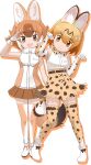  2girls animal_ears blonde_hair bow bowtie brown_eyes brown_hair cat_ears cat_girl cat_tail closed_mouth dhole_(kemono_friends) elbow_gloves extra_ears gloves kemono_friends kemono_friends_3 kneehighs looking_at_viewer multiple_girls official_art open_mouth serval_(kemono_friends) shirt shoes short_hair skirt sleeveless sleeveless_shirt socks tail transparent_background wolf_ears wolf_girl wolf_tail yellow_eyes 