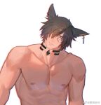  1boy abs absurdres animal_ears bara collar head_tilt highres large_pectorals male_focus metal_collar muscular muscular_male nipples nude original pectorals scar scar_on_cheek scar_on_face short_hair solo thick_eyebrows upper_body wolf_ears xiedaifenshi_(7329016845) 