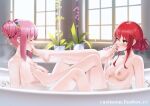  2girls bathtub bocchi_the_rock! breasts casino_(casinoep) closed_eyes cube_hair_ornament gotou_hitori green_eyes hair_between_eyes hair_ornament indoors kita_ikuyo licking licking_foot looking_at_another medium_breasts multiple_girls nipples nude partially_submerged pink_hair plant potted_plant red_hair revision small_breasts tongue tongue_out water yuri 