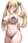  1girl absurdres arms_behind_back bangs bikini black_bikini blonde_hair blue_eyes blush breasts cleavage cynthia_(pokemon) hair_ornament hair_over_one_eye highres jasony large_breasts looking_at_viewer micro_bikini navel parted_lips pokemon pokemon_(game) sidelocks smile solo stomach swimsuit twintails underboob white_background 
