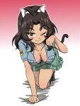  1girl animal_ears aoshidan_school_uniform black_hair blue_eyes blush breasts cat_ears cat_tail cleavage closed_mouth el_(girls_und_panzer) fake_animal_ears fake_tail girls_und_panzer green_skirt hanging_breasts large_breasts long_hair looking_at_viewer miniskirt one_eye_closed paw_pose school_uniform skirt smile solo tail takahashi_kurage 