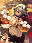  1girl absurdres animal_ears animal_print apron bangs beer_mug bikini bikini_top_only black_gloves black_horns black_skirt blurry blurry_background blush breasts chain closed_mouth commentary cow_ears cow_girl cow_print crossed_bangs cup curled_horns ear_tag echocalypse elbow_gloves english_commentary feet_out_of_frame frilled_apron frilled_skirt frills gloves goyain grey_hair hair_between_eyes highres holding holding_cup horn_ornament horns indoors iori_(echocalypse) large_breasts maid maid_headdress mug print_bikini short_hair skirt solo swimsuit thigh_strap waist_apron white_apron yellow_eyes 