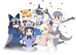  6+girls animal_ears black_eyes black_hair blonde_hair blue_eyes bow bowtie closed_mouth common_dolphin_(kemono_friends) common_raccoon_(kemono_friends) extra_ears fennec_(kemono_friends) glasses grey_hair jaguar_(kemono_friends) kemono_friends kemono_friends_3 long_hair looking_at_viewer multiple_girls official_art one_eye_closed open_mouth short_hair silver_fox_(kemono_friends) small-clawed_otter_(kemono_friends) smile tail transparent_background yellow_eyes 