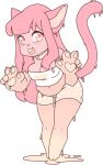  2018 anthro barefoot biped bottomwear breasts claws cleavage clothed clothing collar cute_fangs digital_media_(artwork) domestic_cat eyebrow_through_hair eyebrows feet felid feline felis female finger_claws flat_colors full-length_portrait goo_creature goo_pool gui_(character) hair handpaw long_hair mammal open_mouth paws pink_eyes pink_hair portrait shorts solo standing tail topwear translucent translucent_hair zyira 