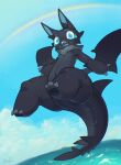  ambiguous_gender animal_genitalia anthro bat black_body black_pawpads blue_eyes blue_mouth butt_wings claws detailed_background dragon fish gawgaw genital_slit genitals hi_res hybrid looking_at_viewer mammal marine neck_tuft open_mouth outside pawpads pupils rainbow razy sea semi-anthro shark slit slit_pupils thick_thighs tuft water wide_hips wings 