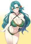  1girl absurdres aqua_hair bare_arms bare_shoulders bikini blue_hair blush bow breasts chloe_(fire_emblem) cleavage cowboy_shot criss-cross_halter fire_emblem fire_emblem_engage gradient_background green_bikini green_eyes hair_between_eyes hair_bow halterneck hand_on_own_chest head_tilt highres large_breasts long_hair looking_at_viewer navel official_alternate_costume orange_bow simple_background smile solo standing stomach swimsuit tara_(szzj7733) thighs very_long_hair white_background yellow_background 