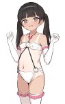  1girl absurdres bangs bikini black_hair blush brown_eyes cameltoe covered_nipples elbow_gloves frilled_gloves frilled_thighhighs frills gloves groin hair_bobbles hair_ornament hands_up highres long_hair looking_at_viewer navel o-ring o-ring_bikini o-ring_bottom o-ring_top one-piece_tan open_mouth original simple_background solo sweat swimsuit takenoko_no_you tan tanlines thighhighs twintails white_background white_bikini white_gloves white_thighhighs 