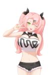  1girl ;d absurdres bare_arms bare_shoulders black_ribbon black_shorts blush cowboy_shot cutoffs green_eyes hair_between_eyes hair_ribbon highres kaola long_hair looking_at_viewer midriff mole mole_under_eye navel nicole_demara no_nose one_eye_closed open_mouth pink_hair ribbon short_shorts shorts simple_background smile solo standing stomach strapless tube_top two_side_up v very_long_hair white_background zenless_zone_zero 