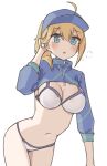  1girl absurdres ahoge artoria_pendragon_(fate) baseball_cap bikini blonde_hair blue_eyes blue_headwear blue_jacket blush breasts cleavage cropped_jacket fate/grand_order fate_(series) hair_between_eyes hair_through_headwear hat highres jacket kopaka_(karda_nui) large_breasts long_hair long_sleeves looking_at_viewer mysterious_heroine_xx_(fate) navel open_mouth ponytail shrug_(clothing) sidelocks solo swimsuit thighs white_bikini 