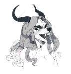  2020 anthro bust_portrait canid dated eyelashes fangs female glistening glistening_eyes hair hi_res horn long_hair looking_at_viewer mammal monochrome narrowed_eyes open_mouth portrait sharp_teeth signature simple_background solo teeth tongue tongue_out unknowhiter 