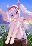  1girl animal_ears artist_name azur_lane bangs bare_legs barefoot box candy chinese_commentary closed_mouth collarbone commentary_request crossed_bangs dated dress evening fake_animal_ears feet food giving giving_food hair_between_eyes head_tilt highres holding holding_candy holding_food holding_lollipop jitome knees_up laffey_(azur_lane) legs legs_together light_purple_hair lollipop long_hair looking_at_viewer no_shoes on_box outdoors rabbit_ears red_eyes sidelocks sitting sitting_on_box sky smile solo sundress sunset thighs toes twintails underwear white_dress wooden_box xiao_shi_lullaby 