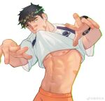  1boy abs absurdres bandaid bandaid_on_face bandaid_on_nose bara clothes_in_mouth cowboy_shot foreshortening green_eyes hands_up headband highres long_sideburns male_focus mouth_hold navel_hair nipples original shirt_in_mouth short_hair sideburns solo stomach toned toned_male underpec xiedaifenshi_(7329016845) 