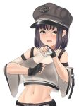  1girl belt black_belt black_bra black_hair black_headwear black_pants blush bra clothing_request english_text fingerless_gloves flustered gloves goddess_of_victory:_nikke hat hiden_(takanori) highres looking_at_viewer milk milk_(nikke) open_mouth pants see-through see-through_shirt short_hair solo sports_bra tears two-tone_gloves underwear white_background yellow_eyes 