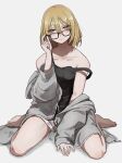  1girl bare_shoulders black_shirt blonde_hair blue_eyes collarbone feet glasses grey_hoodie highres hood hoodie looking_back mole mole_under_eye original scar shirt shorts simple_background smile tabao tank_top thighs white_background 