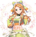 1girl black_bow black_bowtie bow bowtie commentary crop_top etie_(fire_emblem) fire_emblem fire_emblem_engage green_bow green_eyes green_shirt green_skirt hair_bow highres kakiko210 long_hair long_sleeves looking_at_viewer midriff navel orange_hair shirt skirt smile solo stomach tiara upper_body white_background 