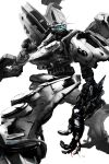  absurdres armored_core armored_core:_for_answer battle_damage blue_eyes damaged glowing glowing_eyes gun highres kurotokusa machinery mecha mechanical_parts no_humans robot science_fiction simple_background weapon white_background white_glint 