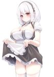  1girl azur_lane bangs blush breasts cleavage clothes_lift cowboy_shot dress frilled_dress frills highres large_breasts looking_at_viewer maid maid_headdress red_eyes short_hair short_sleeves simple_background sirius_(azur_lane) solo thighhighs thighs uduki_(nissi) white_background white_hair white_thighhighs 