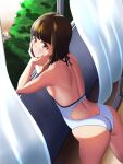  1girl ass brown_eyes casual_one-piece_swimsuit commentary_request cowboy_shot curtains grin hands_on_own_face highres kurusu_aoi looking_at_viewer looking_back one-piece_swimsuit original sanuki_hayato short_hair smile solo swimsuit white_one-piece_swimsuit window 