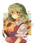  1girl ascot bangs closed_mouth collared_shirt commentary field flower flower_field green_hair hair_between_eyes highres holding holding_umbrella kabocha1408 kazami_yuuka looking_at_viewer one-hour_drawing_challenge petals pink_umbrella red_eyes red_vest shirt short_hair short_sleeves solo sunflower touhou umbrella upper_body vest white_shirt yellow_ascot 