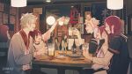  2boys 5girls alcohol arm_up artist_name beer brown_hair closed_eyes dated faceless faceless_female fukuda_tamotsu grey_hair grey_jacket hair_bobbles hair_ornament happy hijiriido_miyo hondoumachi_koharu id_:invaded indoors jacket multiple_boys multiple_girls narihisago_akihito narihisago_ayako narihisago_muku necktie red_necktie restaurant short_hair sitting table toast_(gesture) zamao_(zaza) 