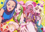  1990s_(style) 4girls bikini blonde_hair blue_eyes blue_hair blue_pants blue_shirt cellphone chama_kou cowboy_hat dark-skinned_female dark_skin drill_hair eyewear_on_head film_grain fingernails flip_phone flower green_hair green_nails green_pants gyaru hair_flower hair_ornament hat heart heart-shaped_pupils highres holding holding_phone leg_warmers long_fingernails long_hair looking_at_viewer multicolored_hair multicolored_pants multiple_girls nail_polish o-ring open_mouth original outstretched_arm pants phone pink_flower pink_hair pink_headwear pink_nails pom_pom_(clothes) purple_eyes reaching_towards_viewer retro_artstyle shirt skirt sleeveless sleeveless_shirt squatting streaked_hair swimsuit symbol-shaped_pupils yellow_eyes yellow_pants 