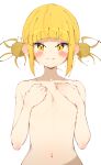  1girl :3 :q absurdres bangs blonde_hair blunt_bangs blush boku_no_hero_academia breasts closed_mouth collarbone covering covering_breasts dot_nose double_bun hair_bun hands_up highres looking_at_viewer medium_breasts messy_hair navel rasusurasu short_eyebrows short_hair_with_long_locks sidelocks simple_background solo straight_hair toga_himiko tongue tongue_out tsurime upper_body v-shaped_eyebrows white_background yellow_eyes 