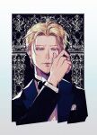  1boy ash_lynx banana_fish black_bow black_bowtie blonde_hair bow bowtie formal grey_eyes highres long_sleeves looking_at_viewer male_focus pocket_square portrait short_hair solo throttlee 