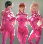  3girls alice_(nikke) alice_(nikke)_(cosplay) aqua_eyes black_hair blonde_hair bodysuit breasts chainsaw_man cosplay demon demon_girl eyepatch goddess_of_victory:_nikke highres himeno_(chainsaw_man) horns huge_breasts kuroi_suna large_breasts long_hair looking_at_viewer makima_(chainsaw_man) multiple_girls narrow_waist power_(chainsaw_man) red_eyes red_hair thick_thighs thighs wide_hips yellow_eyes 