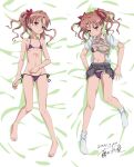  1girl barefoot bed_sheet bikini bow breasts brown_eyes brown_hair clothes_lift dakimakura_(medium) flat_chest fujikawa_daichi full_body hair_bow highres lying on_back psychic shirai_kuroko shirt_lift skirt skirt_lift skirt_removed small_breasts solo string_bikini swimsuit toaru_kagaku_no_railgun toaru_majutsu_no_index twintails underwear 