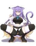  1girl absurdres animal_ears boots cat_ears cat_tail colored_inner_hair crop_top highres hololive hololive_indonesia long_hair midoku_(itijikusakura) moona_hoshinova multicolored_hair nail_polish paw_pose purple_eyes purple_hair solo spread_legs squatting squiggle starry_hair tail thigh_boots two-tone_hair virtual_youtuber 