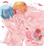  amitie_(puyopuyo) blonde_hair blue_hair blush closed_eyes crying dress flower futaba969649 hair_flower hair_ornament hand_on_another&#039;s_cheek hand_on_another&#039;s_face hetero highres jewelry puyopuyo ring short_hair sig_(puyopuyo) wedding wedding_dress wedding_ring white_background white_dress 