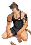  1boy absurdres alternate_costume animal_ears arknights bangs bara black_bodysuit black_hair bodysuit broca_(arknights) bulge cat_boy cat_ears cat_tail cigarette covered_navel erection erection_under_clothes hair_over_one_eye highres large_pectorals male_focus medium_hair muscular muscular_male pectoral_cleavage pectorals sidepec singlet solo tail thighs xiedaifenshi_(7329016845) yellow_eyes 