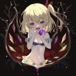  1girl ahase_hino apple bangs blonde_hair blush breasts crystal fangs flandre_scarlet food fruit hair_between_eyes highres holding holding_food holding_fruit long_hair looking_at_viewer navel open_mouth pointy_ears poison red_eyes side_ponytail small_breasts smile solo touhou upper_body wings 