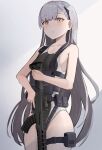  1girl absurdres ak-alfa ak-alfa_(girls&#039;_frontline) bare_shoulders black_one-piece_swimsuit blush breasts competition_swimsuit cowboy_shot gamryous girls&#039;_frontline grey_background grey_hair gun highres holding holding_gun holding_weapon long_hair looking_at_viewer one-piece_swimsuit orange_eyes simple_background small_breasts solo swimsuit thigh_pouch thighs weapon 