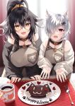  2girls :d absurdres ahoge animal_ears bell black_hair blush breasts cat_ears cat_hair_ornament coffee coffee_mug collar cup detached_sleeves fang food fork grey_hair hair_ornament hair_over_one_eye happy_valentine hasumi_(hasubatake39) highres indoors jingle_bell large_breasts long_hair long_sleeves looking_at_viewer mug multiple_girls neck_bell open_mouth original pink_eyes plate ponytail pov short_hair sleeves_past_wrists smile table very_long_hair yellow_eyes 