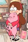  black_clothing black_footwear blush blush_stickers book bottomwear brown_hair clothing disney domestic_pig duo erection female footwear gravity_falls hair hi_res human mabel_pines male mammal pink_hairband purple_book purple_bottomwear purple_clothing purple_skirt skirt suid suina sus_(pig) waddles_(gravity_falls) 