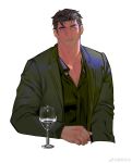  1boy absurdres bara batman_(series) beard blue_eyes bruce_wayne check_copyright copyright_request cropped_torso cup dc_comics drinking_glass facial_hair highres male_focus mature_male muscular muscular_male pectoral_cleavage pectorals short_hair solo wine_glass xiedaifenshi_(7329016845) 