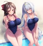  2girls absurdres ahoge arm_support artist_name bare_arms bare_legs bare_shoulders blush breasts brown_hair cleavage closed_mouth clothes_writing collarbone commission competition_swimsuit dated fuyutsuki_(kancolle) grey_eyes grey_hair hachimaki hair_ornament hair_ribbon hairclip headband highres kantai_collection large_breasts long_hair mamiya_(kancolle) mashiro_yukiya multiple_girls one-piece_swimsuit one_side_up pool red_eyes red_ribbon ribbon signature sitting skeb_commission smile swimsuit white_headband 