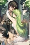  1boy 1girl ass bare_shoulders black_hair black_jacket breasts c.c. code_geass couple creayus day detached_sleeves dress green_hair hetero highres holding_another&#039;s_hair hug jacket lelouch_lamperouge long_hair long_sleeves looking_at_viewer medium_breasts open_clothes open_jacket outdoors parted_lips purple_eyes short_hair sideboob sitting smile v-shaped_eyebrows very_long_hair wariza white_dress yellow_eyes 